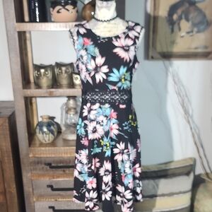 Owin Floral Sleeveless Dress - Black with Pink and Blue Accents